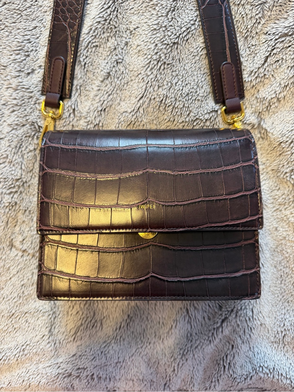 JW PEI Croc-Embossed Dark Brown Crossbody Bag with Gold Hardware
